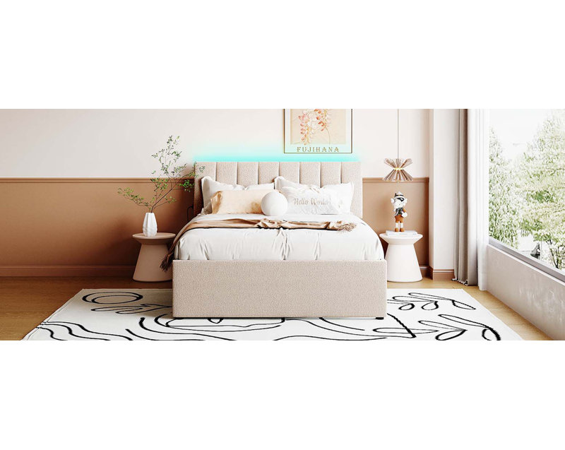 Teddy Fleece Full Size Upholstered Platform Bed with Twin size Trundle, Beige, Full, Beige