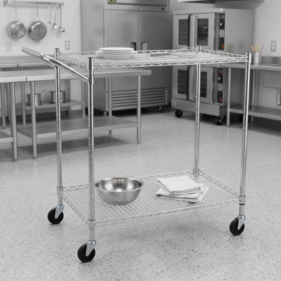Chariot utilitaire à deux niveaux en fil d'acier au carbone chromé, avec poignée basse et roulettes, chariot de service de qualité professionnelle pour restaurant, cuisine, garde-manger et organisation du stockage alimentaire