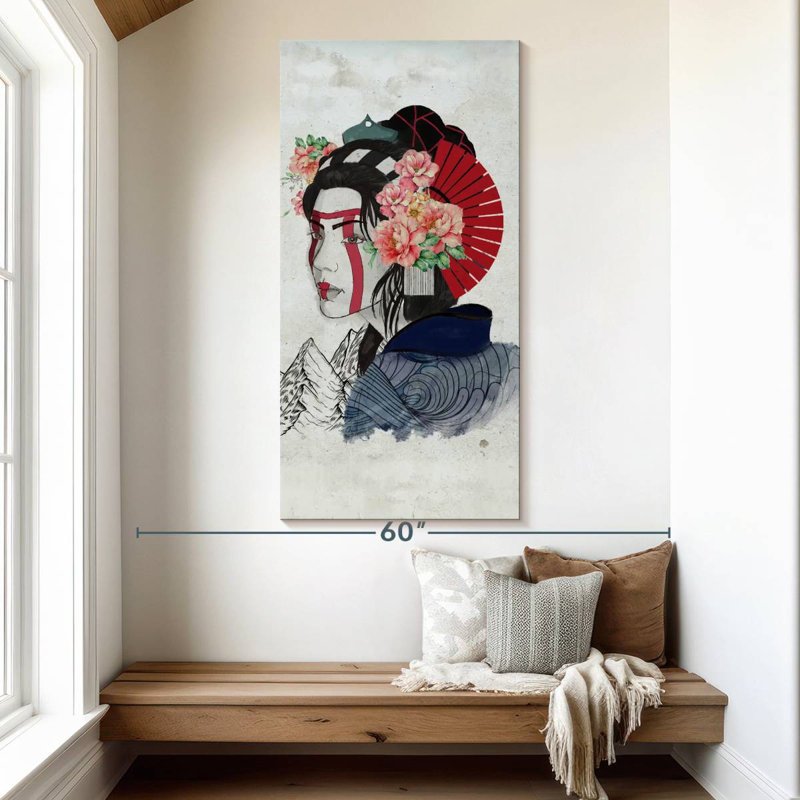 Portrait de femme Geisha, H 54 po x l 27 po