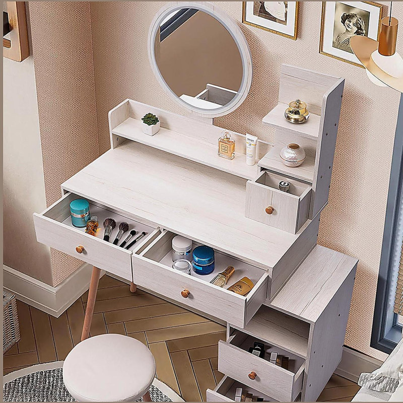 Stylish Vanity Table + Cushioned Stool,Touch Control LED Mirror,Large Capacity Storage Cabinet, 5 Drawers,Fashionable Makeup Furniture