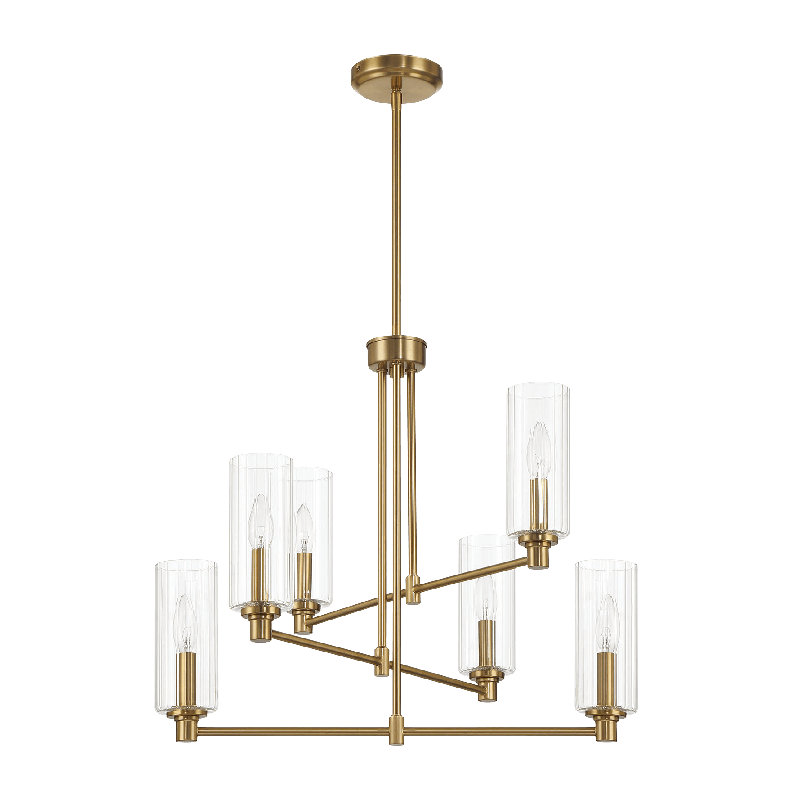 Lustre Timeless à six lumières avec verre côtelé transparent - laiton satiné