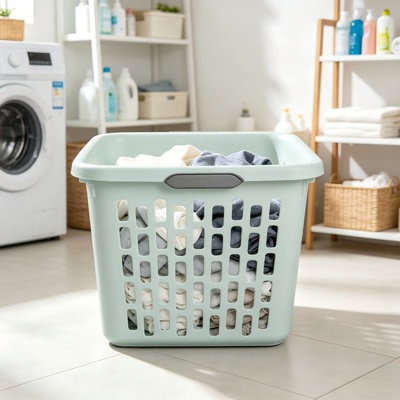 Fresh-Style Small Plastic Laundry Basket — 1.5-Bushel Square Design, Mint Green, Dual-Handle, Practical — 6-Pack