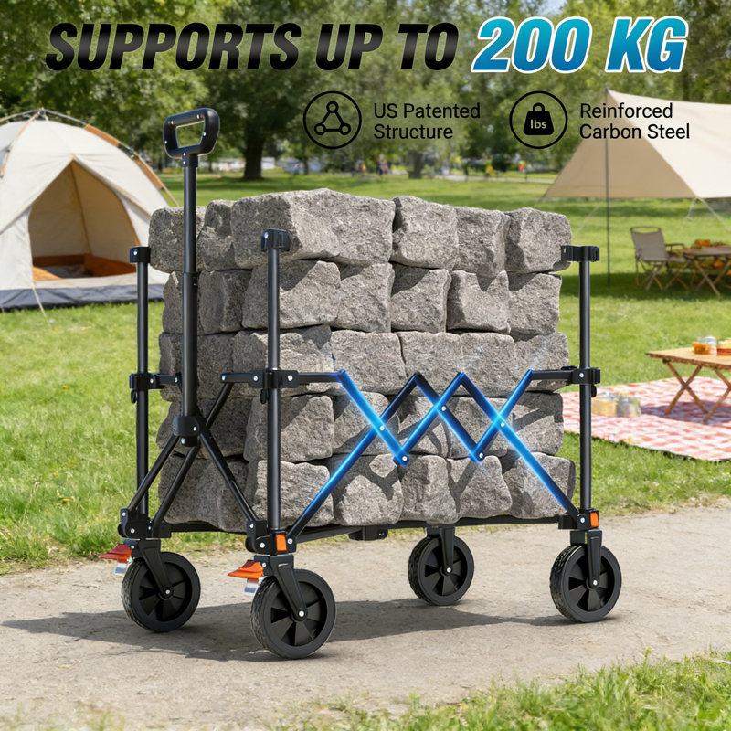 200L Collapsible Festival Wagon | Adjustable Height Camping Trolley With All-Terrain Wheels & Cup Holder, Perfect For Picnics, Hiking & Garden Transport