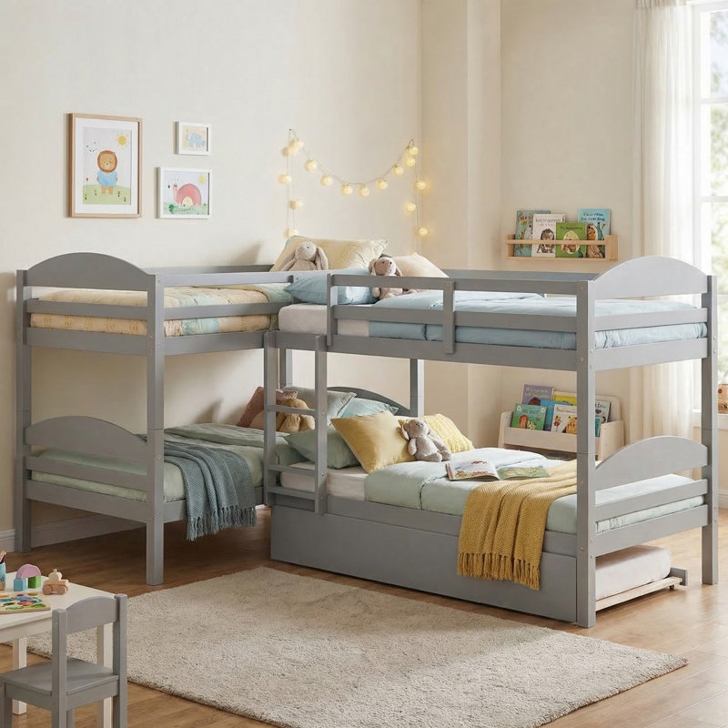 Nevaeh Kids Twin Over Twin Bunk Bed with Trundle, Gray
