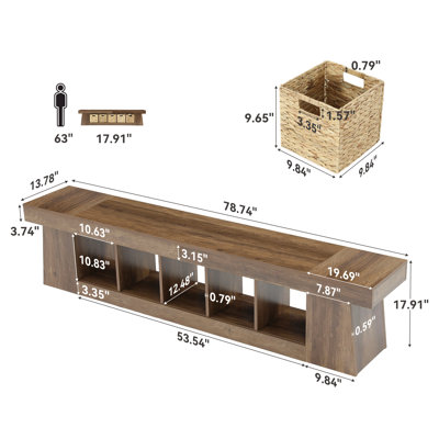 Banc extra long 78,74 pouces avec 5 paniers tissés amovibles pour le vestibule et la chambre à coucher