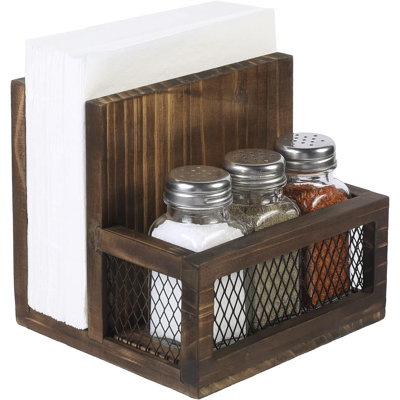 Farmhouse Multifunctional Napkin Holder with Salt and Pepper Shakers Holder,Burnt