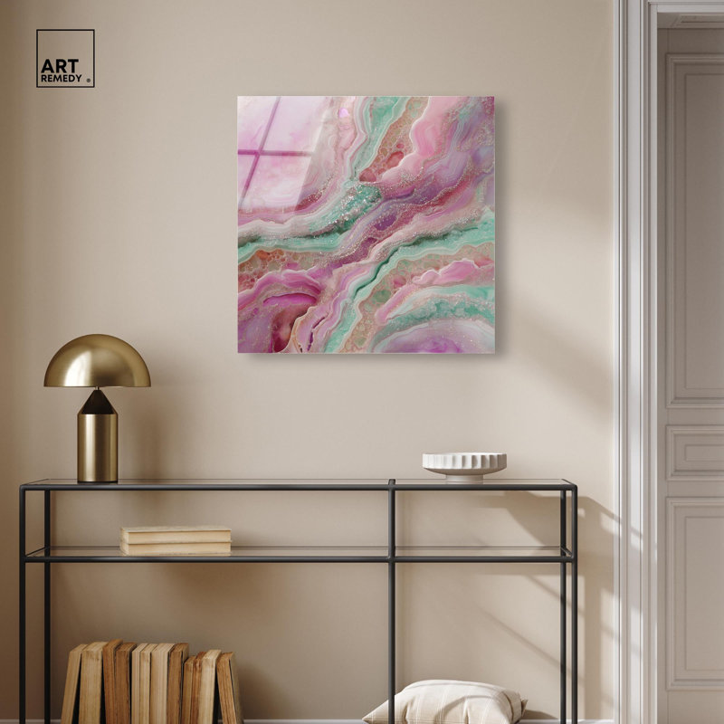 Acrylique abstrait rose et menthe cristal IV par Art Remedy, prêt à être accroché, H 24 po x l 24 po