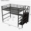 Lit mezzanine double en métal avec bureau, escalier de rangement, petite armoire et lumière DEL, noir