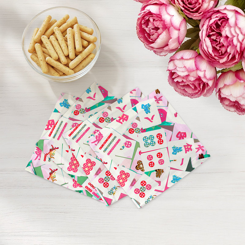 Mahjong Abstract Cotton Sateen Cocktail Napkins, Pink