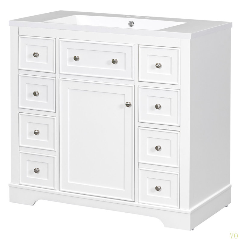 Ensemble de meuble-lavabo 36 po avec lavabo, une armoire et six tiroirs, bois massif et panneau de fibres à densité moyenne