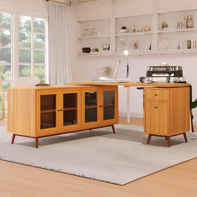 Bureau de direction moderne en forme de L 66,5 po avec rangement en verre trempé délicat, grand bureau avec tiroirs, poste de travail pour bureau personnel