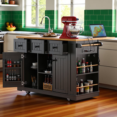 Grand îlot de cuisine de 53 pouces avec rallonge, prise de courant, support de rangement interne pour porte, chariot de cuisine sur roulettes sur 5 roulettes avec 5 supports latéraux ouverts pour la cuisine, noir