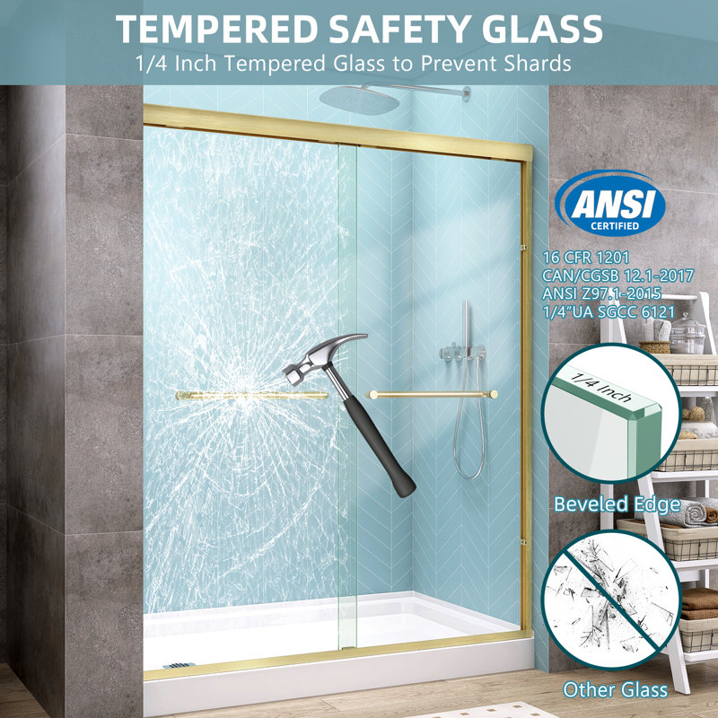 Naturer 56" - 60'' W X 72'' H Double Sliding Shower Door Semi-frameless Bypass Walk-in Bathroom Door with Clear Tempered Glass in Brushed Gold