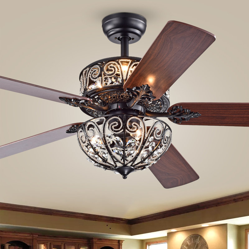 Ventilateur de plafond en cristal à 5 pales de 52 po avec ensemble d'éclairage inclus, Noir mat, Télécommande