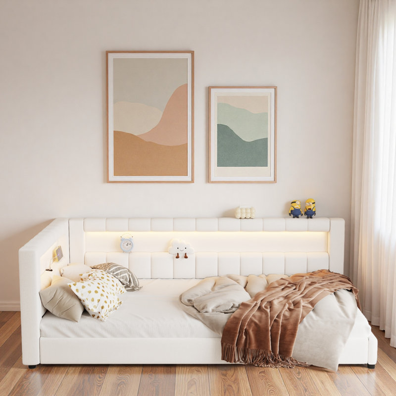 Upholstered Daybed With Usb Ports And Led Light Strips, Cream White, Extra-long Twin