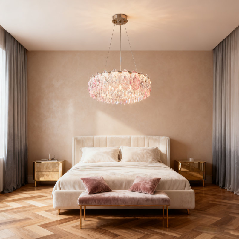 Pink Glass Crystal Chandelier With Built-in Led Lights Modern Drum-shaped Chandelier