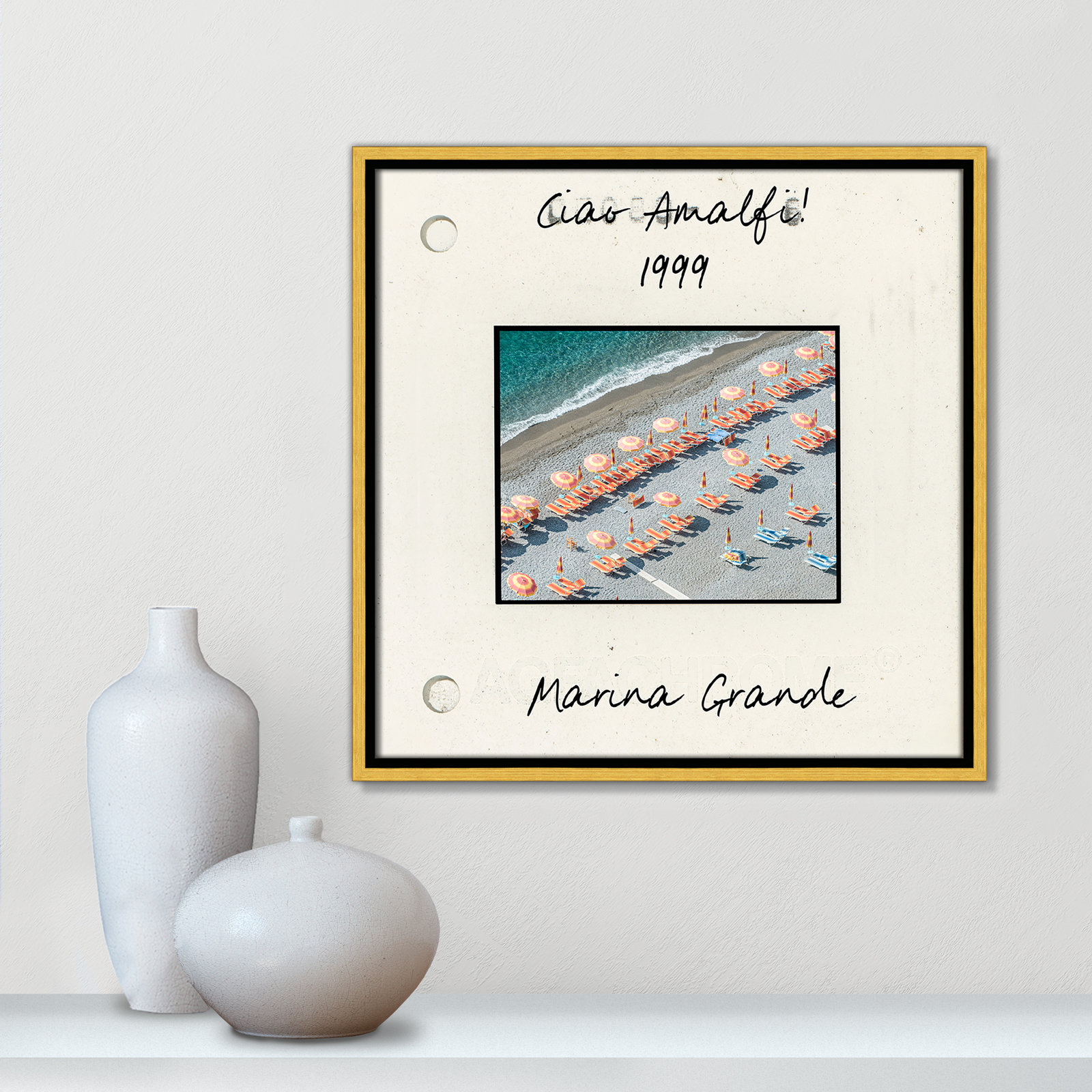 Travel Slide Collection "Amalfi, Italy - Marina Grande" Print, 17.5" H x 17.5" W x 2" D, Gold Floater Framed Canvas
