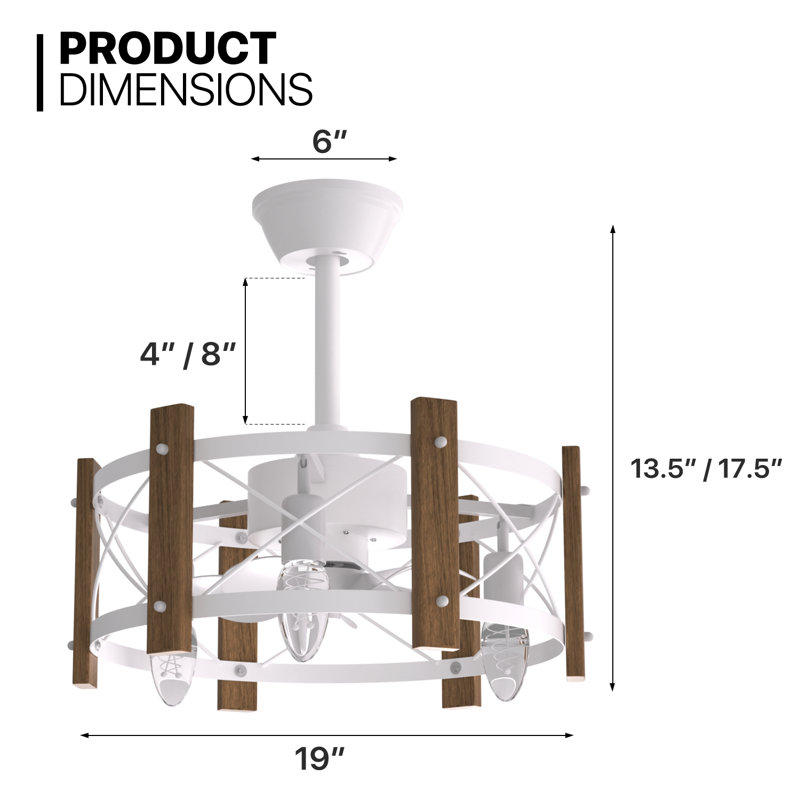 19" Flush Mount Caged Ceiling Fan with Remote, Reversible Low Profile Ceiling Fan without Light Bulb, White/Brown