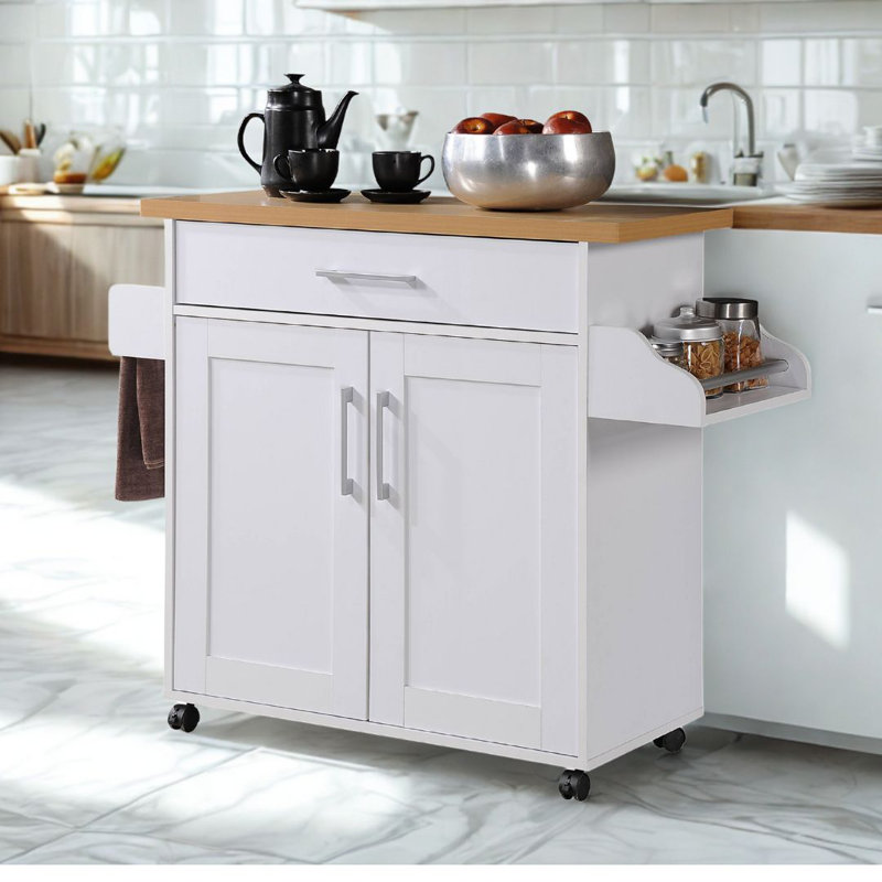 Kitchen Island with Spice Rack and Towel Holder, Storage Cart with Utensil Drawer, Interior Cabinet Storage and Locking Wheels