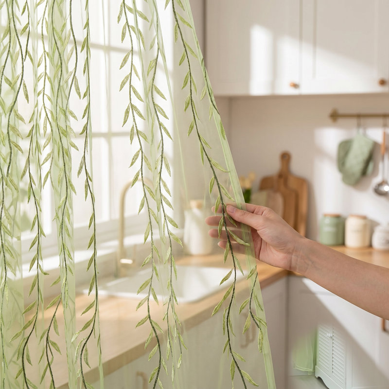 4 panneaux de rideaux transparents en forme de feuille de saule, rideaux décoratifs en gaze de style pastorale pour la chambre à coucher, 39,37 x 78,74 po, vert