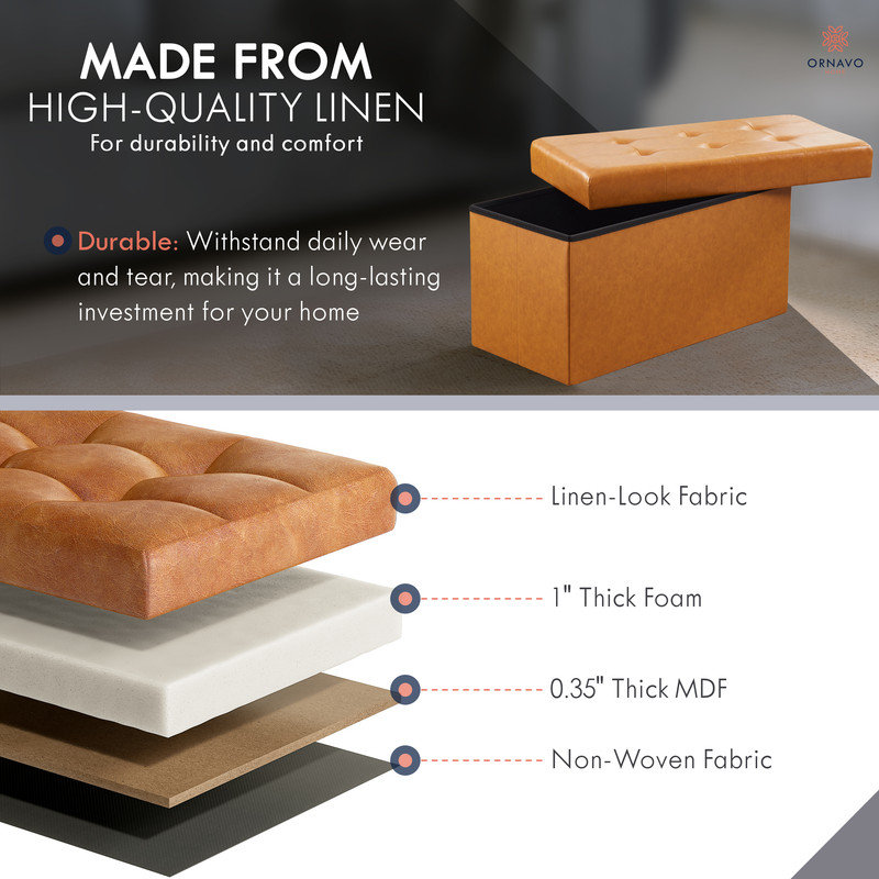 Cognac Faux Leather Tufted Foldable Storage Ottoman Bench