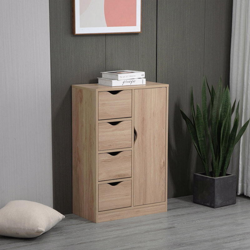 Freestanding Storage Cabinet, Bathroom Floor Cabinet with 4 Drawers and Door, Oak
