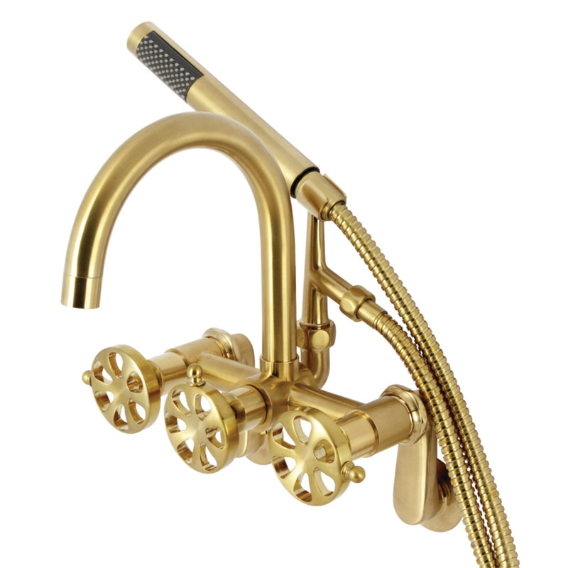 Kingston Brass Belknap Three-Handle 2-Hole Tub Wall Mount Clawfoot Tub Faucet with Hand Shower, Brushed Brass