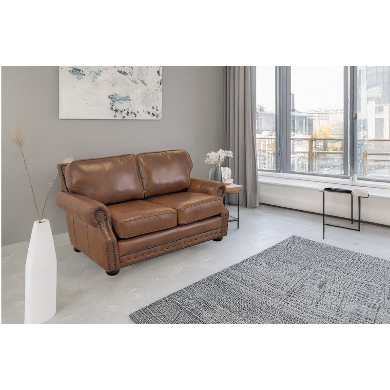 Speroni 74" Genuine Leather Rolled Arm Loveseat, Berkshire Walnut Genuine Leather