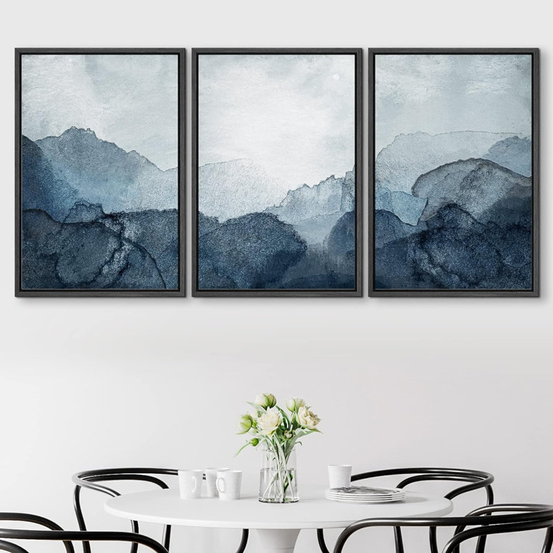 Minimalist Mountains " Navy Blue Dark Pastel Watercolor Landscape Shape Abstract Illustration Modern Art Minimal " 3 - Pieces