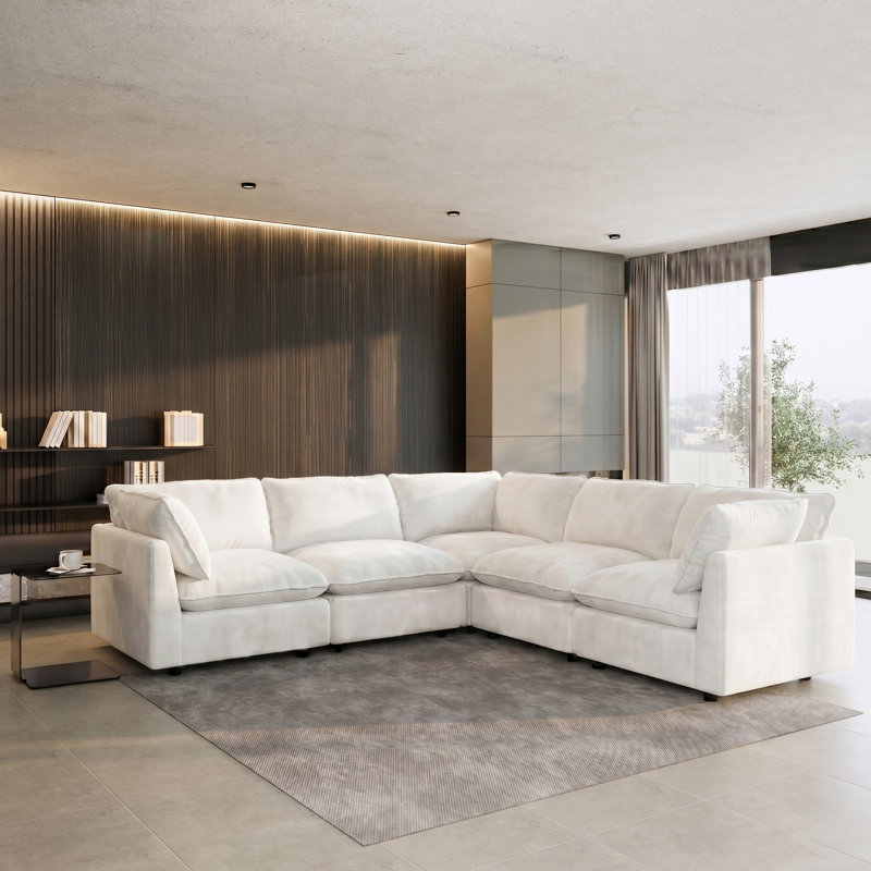Canapé modulaire rembourré 5 pièces en L avec assise profonde 5 pièces, Chenille blanche