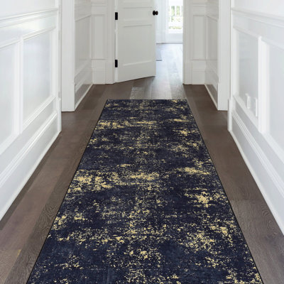 Low-Pile Area Rug - Washable, Non-Shedding, For Bedroom,  Black + Gold, 2'6'' X 10' Machine Washable Living Room, Bedroom