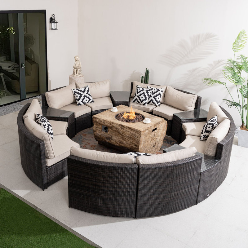 Ensemble de conversation modulaire en osier pour 10 personnes avec coussins, 15 Pcs: Firepit Table, 10 Chairs, 4 End Tables