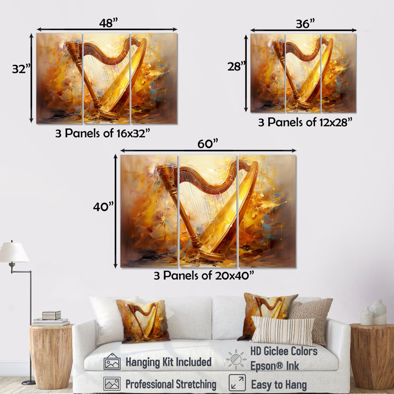 Majestic Golden Yellow Harmonic Harp III - ensemble d'art mural sur toile, H 28 po x l 36 po x P 1 po
