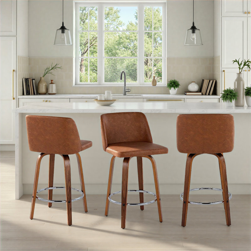 Thea 26" Fixed-Height Counter Stools with Bent Wood Legs & Round Footrest, Walnut/Chrome, Camel Faux Leather