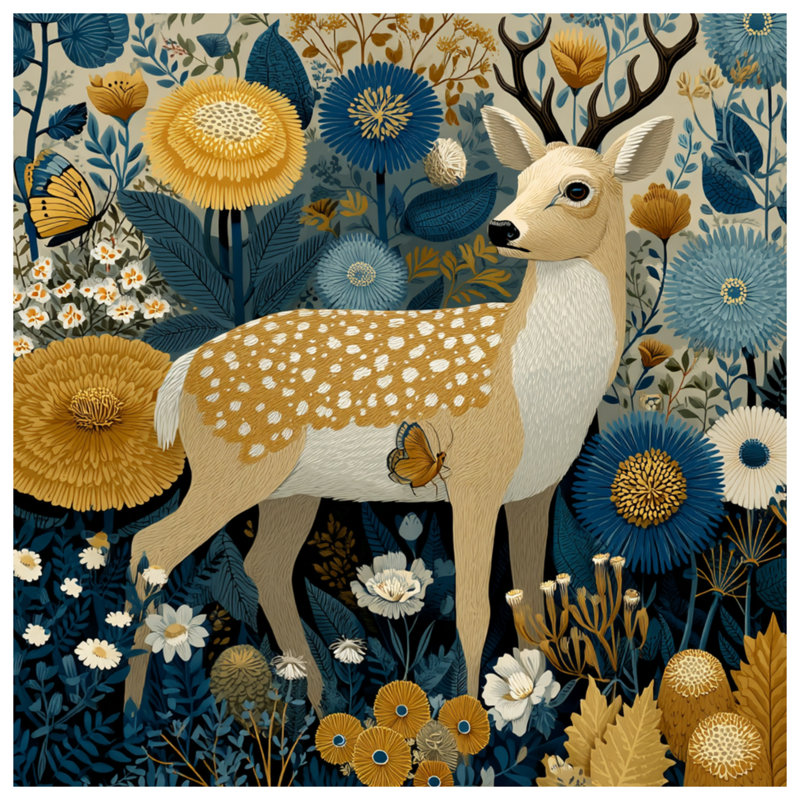 «Deer In Floral Jungle», toile tendue dans de nombreuses tailles, 16 x 16 pouces