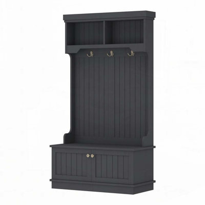 Hall Tree With Storage Cabinets, Display Shelves, Hooks And Shoe Bench