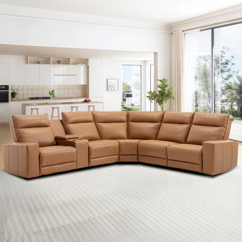 Classic Orange Faux Leather Power Sectional with Console & 3 Electric Recliners, Orange Faux Leather