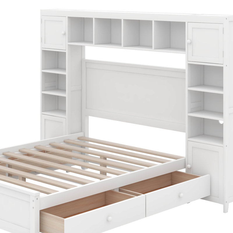 Full Wooden Bed With All-In-One Cabinet And Shelf, White