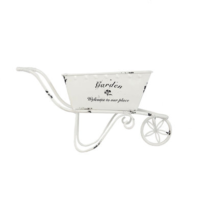 Jardinière brouette en fer vieilli de 4 po de large blanc antique pour décor de rayonnage brouette vieillie, blanc antique, décor, succulentes