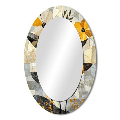 Summer Mosaic Flower On Grey Desert Blossom III - Abstract Oval Decorative Mirror On Metal