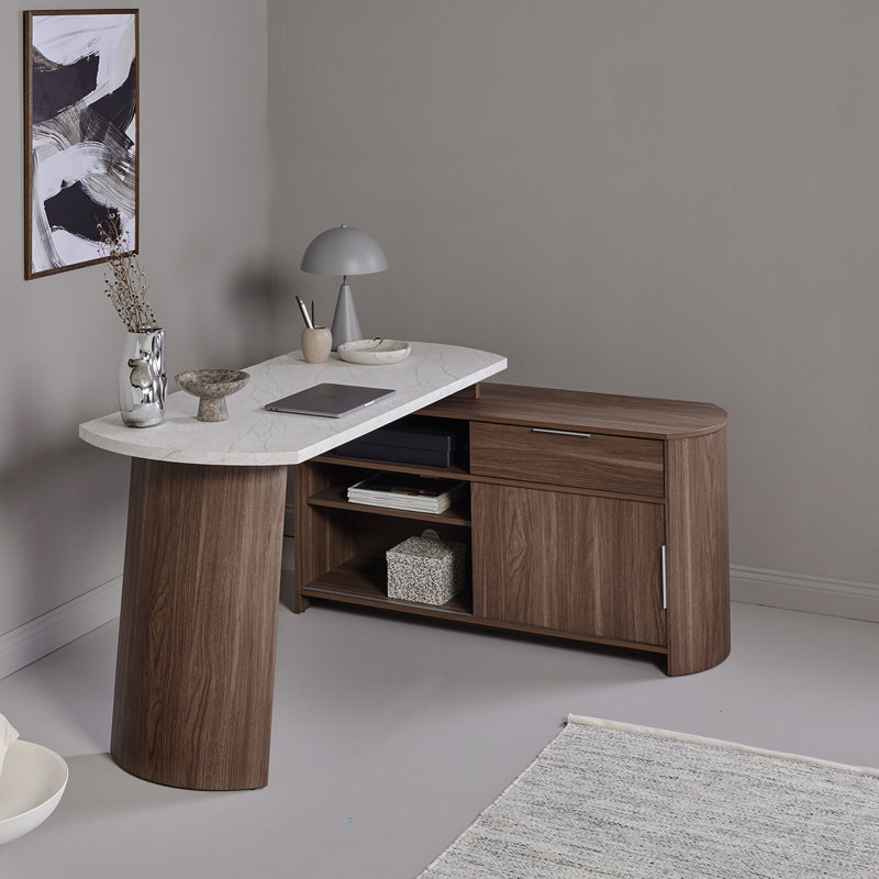 L-Shaped Executive Desk, White/Brown