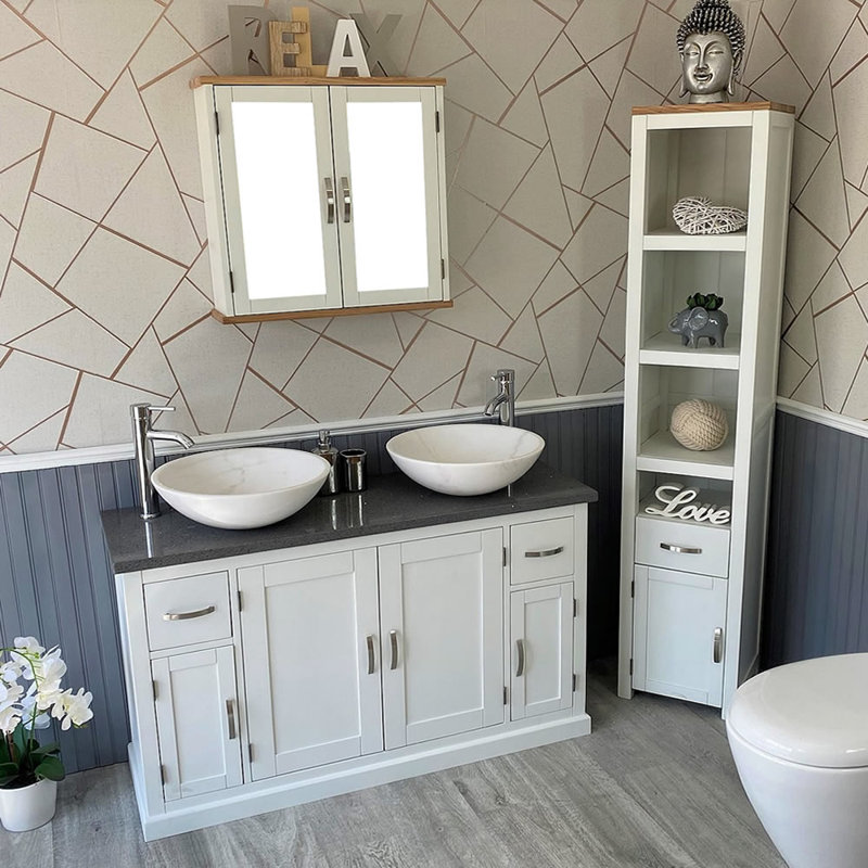 Buskirk 1230mm Bathroom Vanity with Vessel Stone Basin, White Marble, Grey Quartz