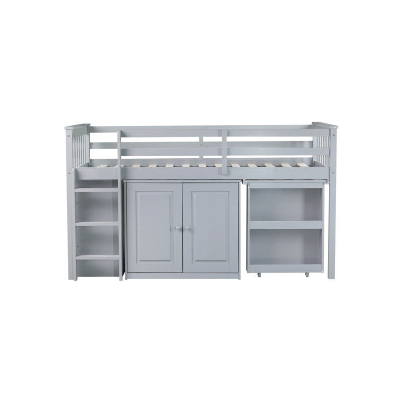 Lit mezzanine simple en bois d'hévéa gris avec rangement spacieux et armoire de bureau coulissante, Gris