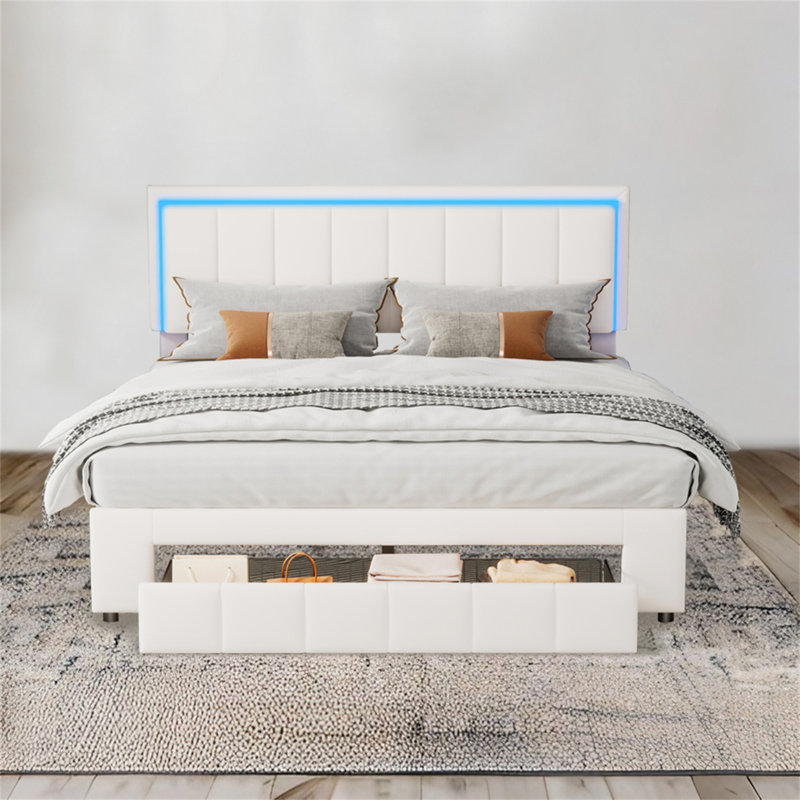 Ibbetson Upholstered Standard Bed with Drawers, White