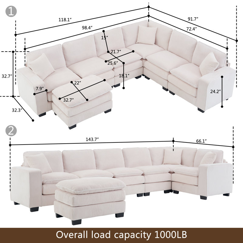 118.1 '' L-shaped Modular Sectional Couch, Corduroy 6-seater Combination Sofa With Ottoman, White