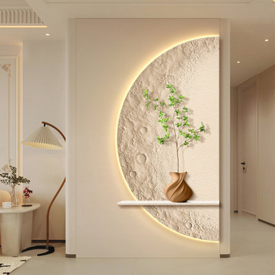 Cream Wabi-Sabi Half Moon Textured Wall Art with Plant Vase for Living Room