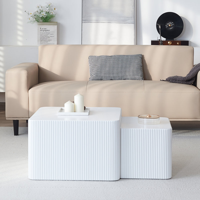 Square Nesting Coffee Table, Wooden Coffee Table, No Need Assembly Modern Fluted Nesting Tables Coffee Tables For  Living Room