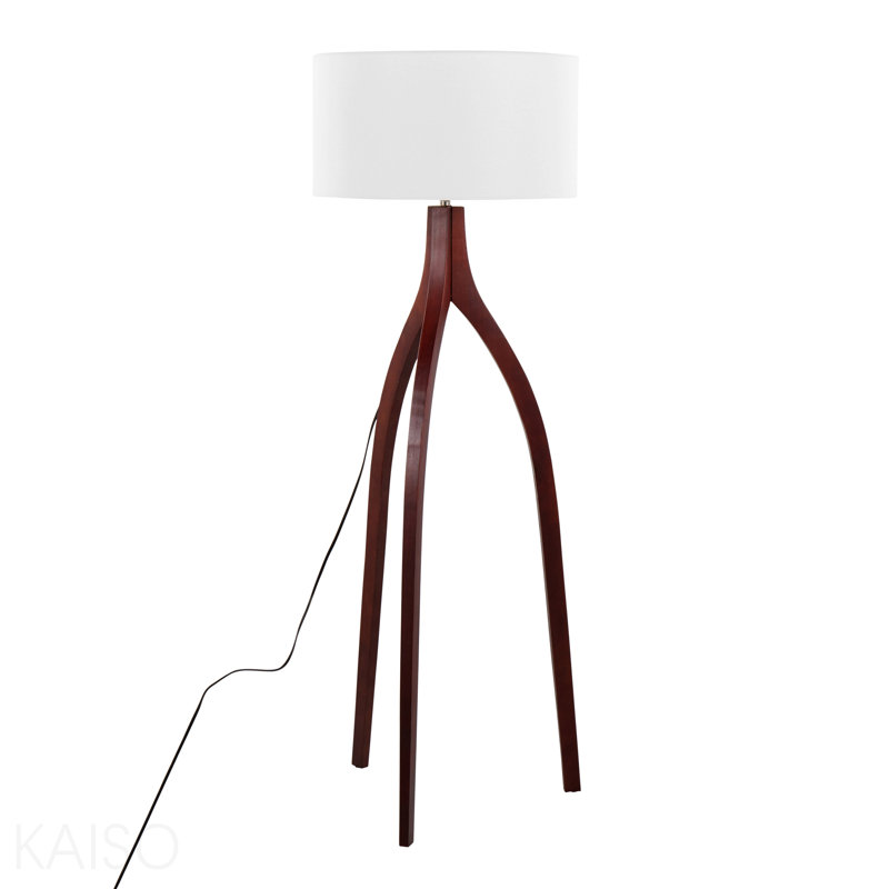Lampe sur pied contemporaine en bois de noyer avec un abat-jour en tissu blanc Wishbone