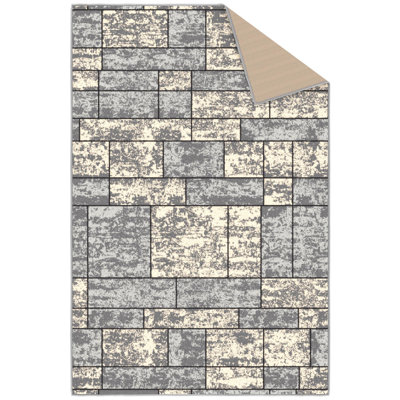 Ottohome Non-Slip Boxes Area Rug For Living Room, Hallway, Gray