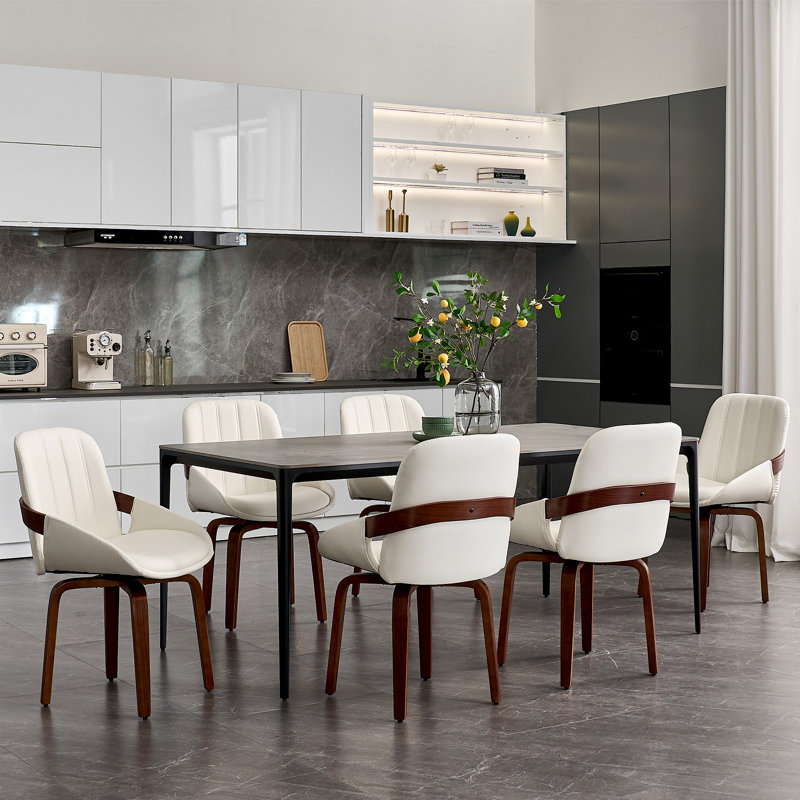 Modern Swivel Upholstered Faux Leather Solid Wood Dining Chairs, White